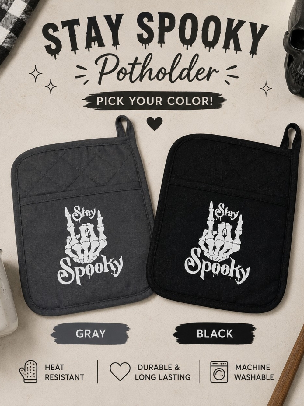 HG Creations Stay Spooky Skeleton Hand Halloween Potholder | Pick Your Color